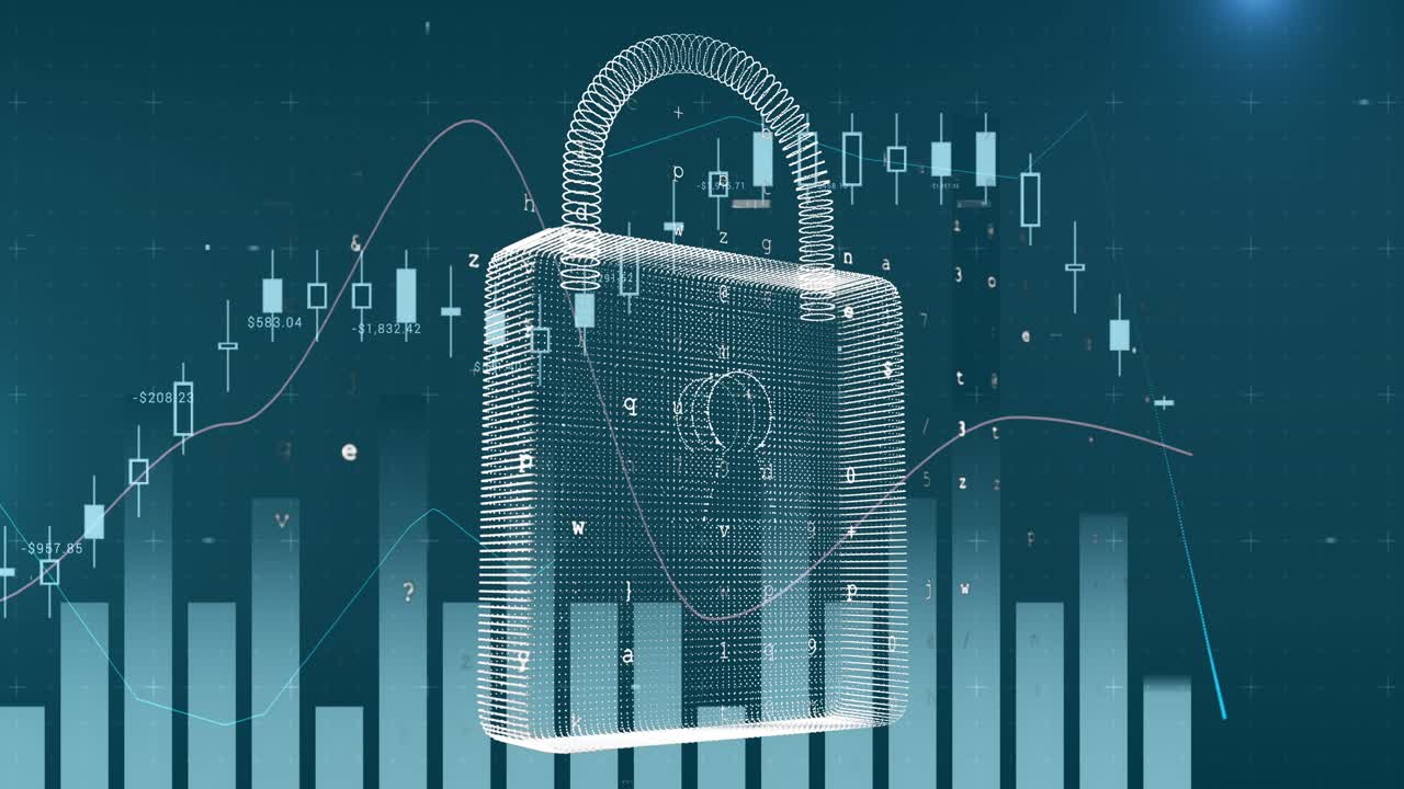 Animation of online security padlock, statistics and financial data processing over city