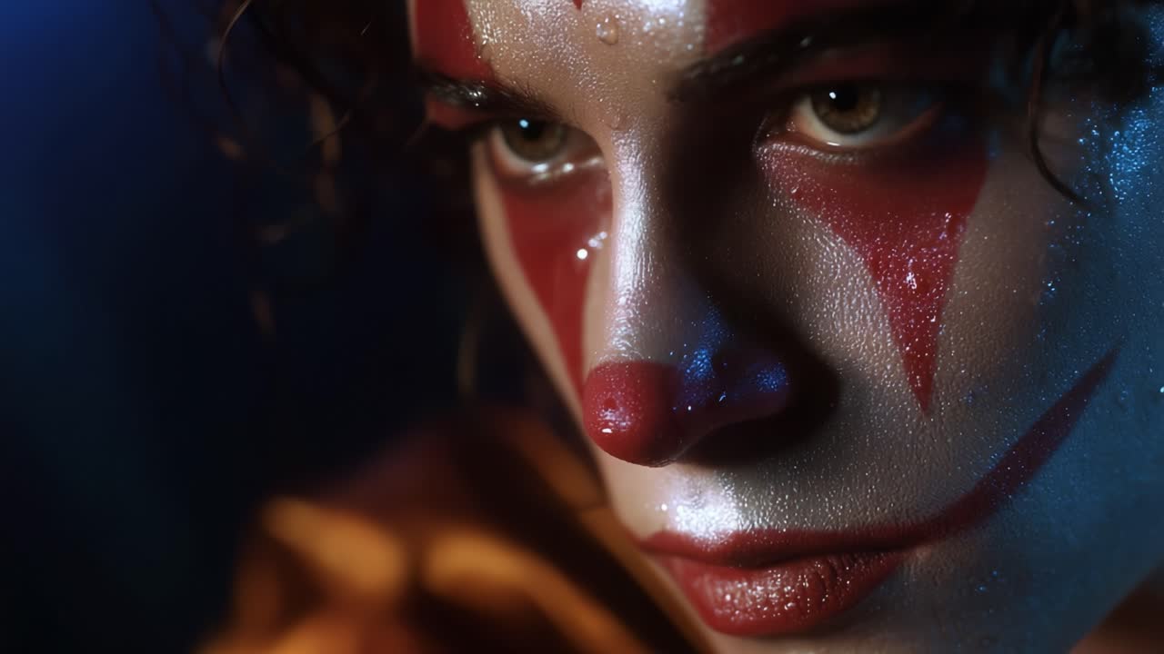 Intense Close-Up of a Clown Face, Highlighting Dramatic Makeup with Glimmering Skin and Expressive Eyes, Capturing a Moment of Anticipation or Suspense