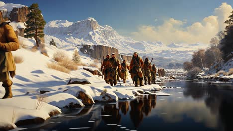 hikers traverse a snowy landscape near a mountain river in winter