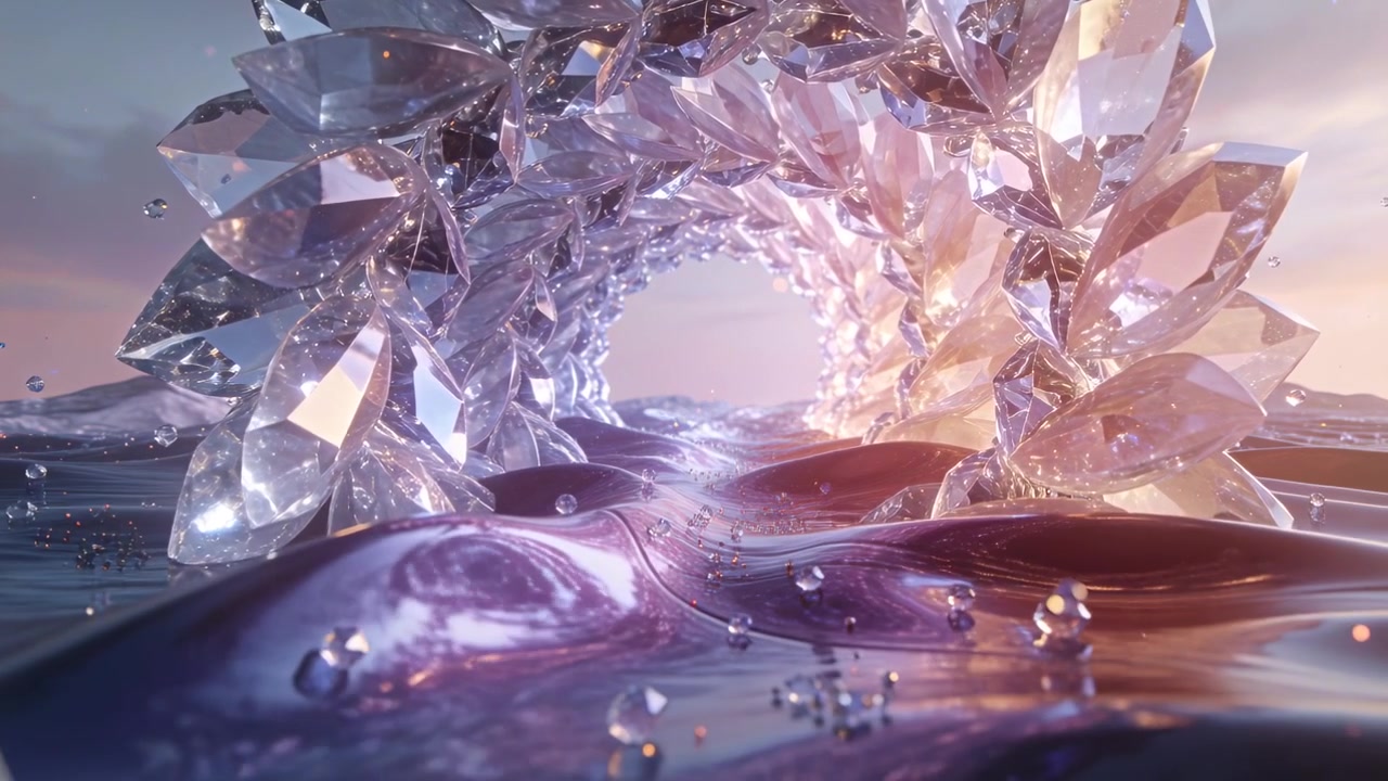 Approaching camera moving over glossy purple liquid toward faceted crystal ring, revealing details