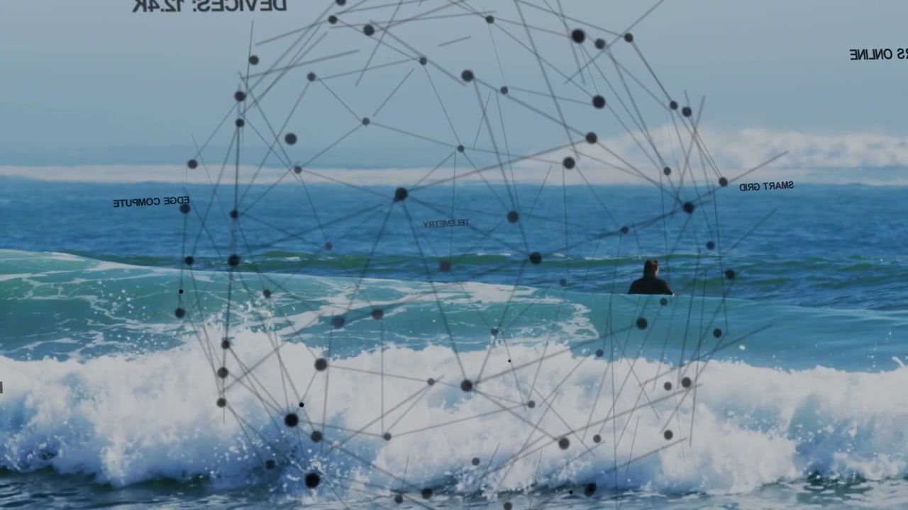 Surfista masculino segurando a prancha de frente para as ondas, com um fluxo de dados iniciando uma malha IoT se formando ao redor do surfista
