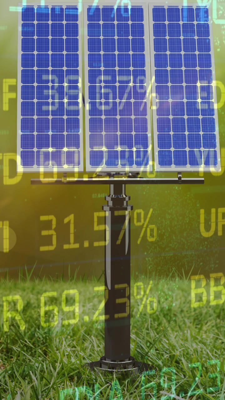 Animazione di un tabellone di trading e un pannello solare su un campo erboso sopra un globo rotante.