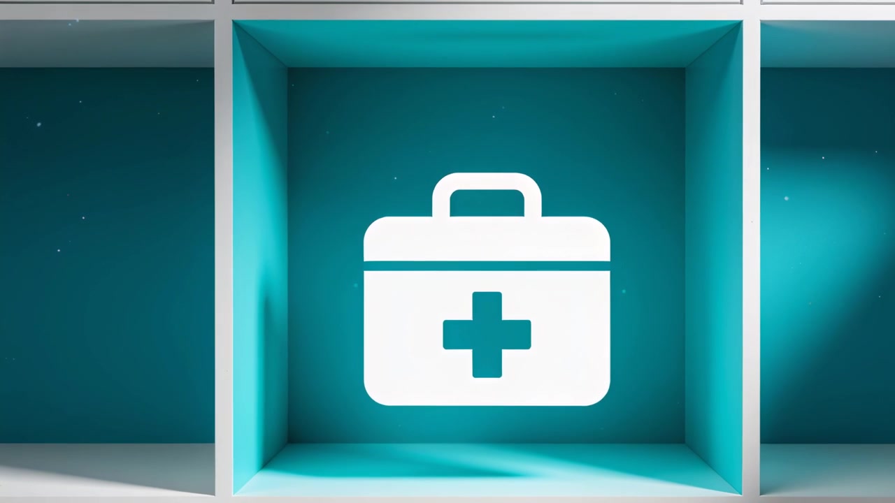 Câmera aproximando, empurrando ícone branco de kit médico expandindo dentro de um compartimento central azul-petróleo, destacando o símbolo