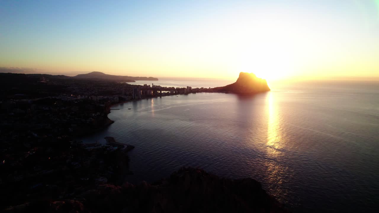Sunset Scenery In Calpe Coastal Town, Alicante, Spain - Drone Shot