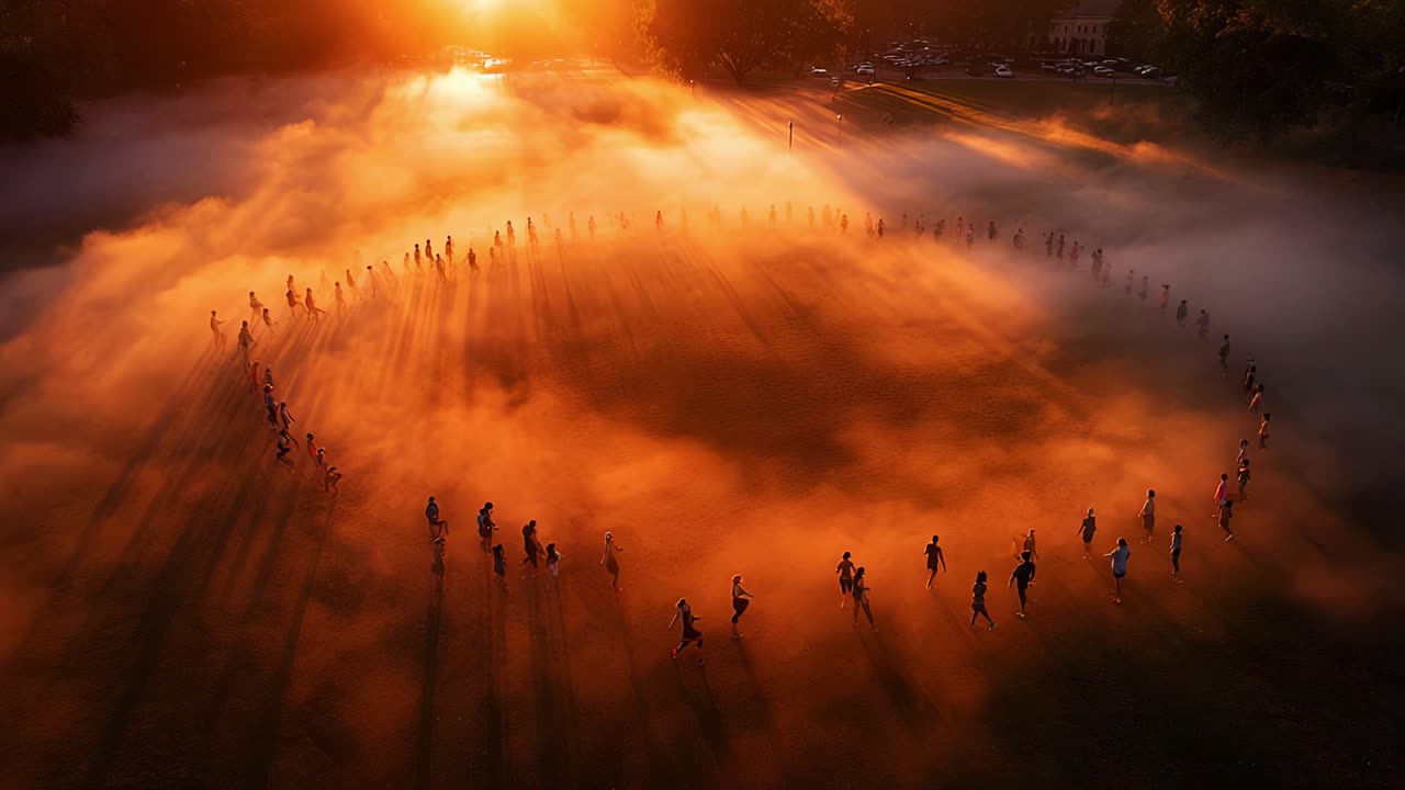 Aerial View of People Walking in a Circular Formation Surrounded by Ethereal Fog During a Stunning Sunset, Bathed in Warm Golden Light and Long Shadows on the Ground