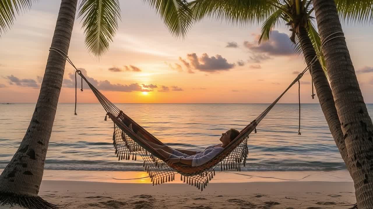 A Serene Sunset Over Tranquil Waters, Capturing a Peaceful Moment as a Relaxed Individual Nestles in a Hammock Surrounded by Lush Palm Trees on a Sandy Beach