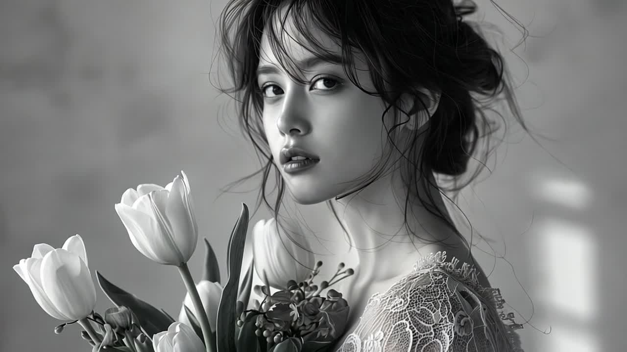 Monochrome Portrait of a Woman with Tulips