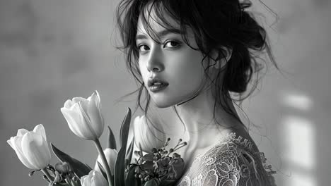 monochrome portrait of a woman with tulips