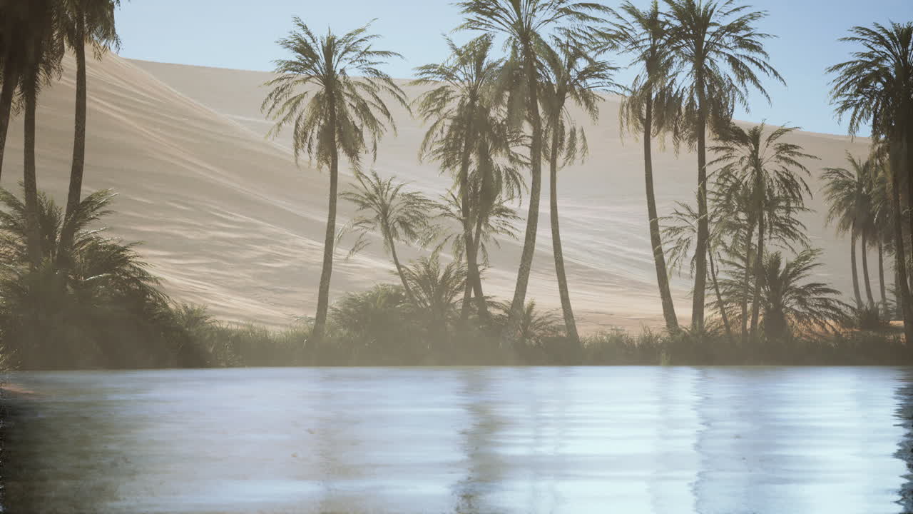 palmeras y un lago en el desierto