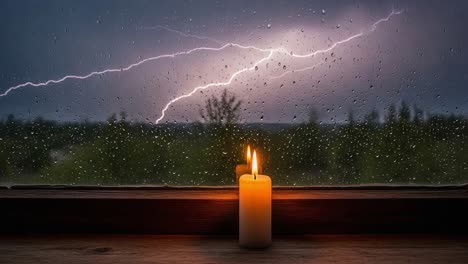 a serene candle illuminates a stormy landscape, capturing the contrast between calmness and chaos during a lightning-filled rainstorm