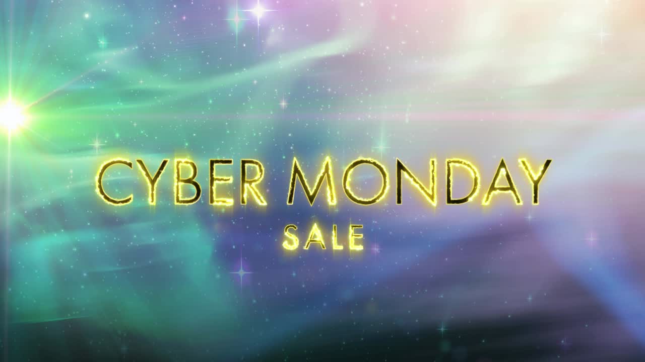 밝은 초록색에서 보라색 배경 위에 불타는 사이버 월요일 판매 텍스트의 애니메이션