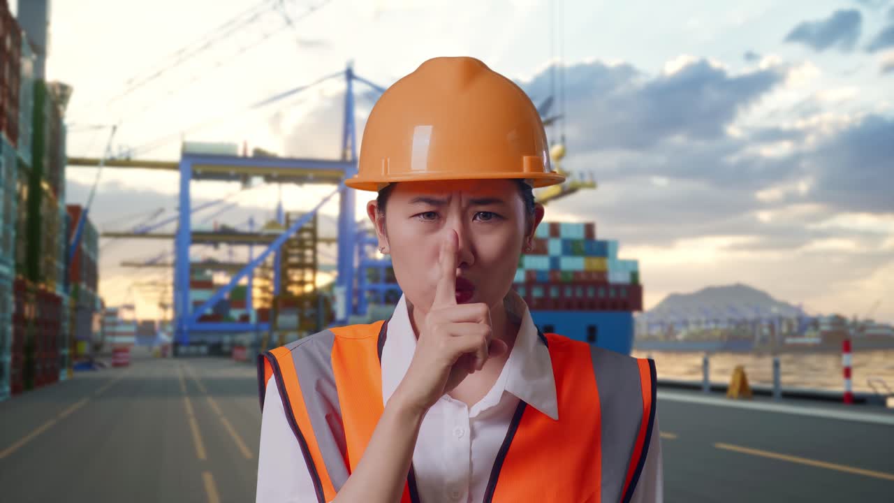 Primer plano de una ingeniera asiática con casco de seguridad haciendo un gesto de 'silencio' mientras está de pie en el puerto, junto a un buque portacontenedores y grúas, al atardecer.