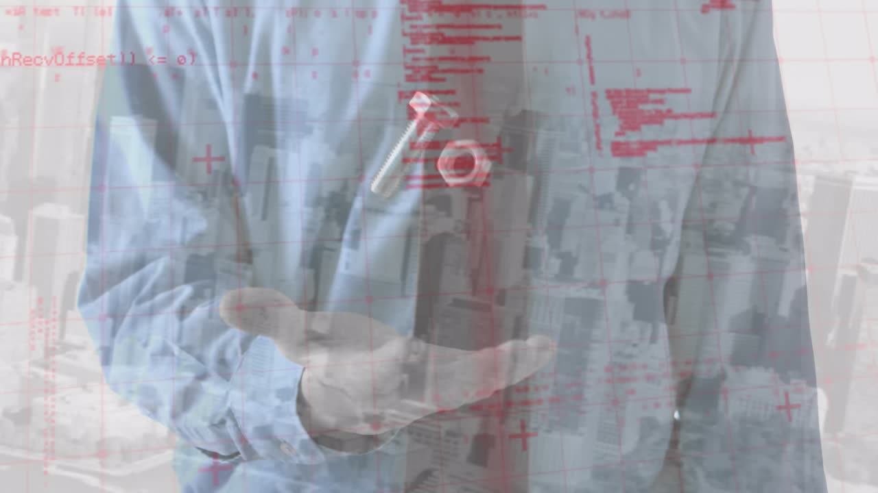 사업가가가 던지고 잡는 견과류와 볼트를 통해 정보와 데이터 처리의 애니메이션