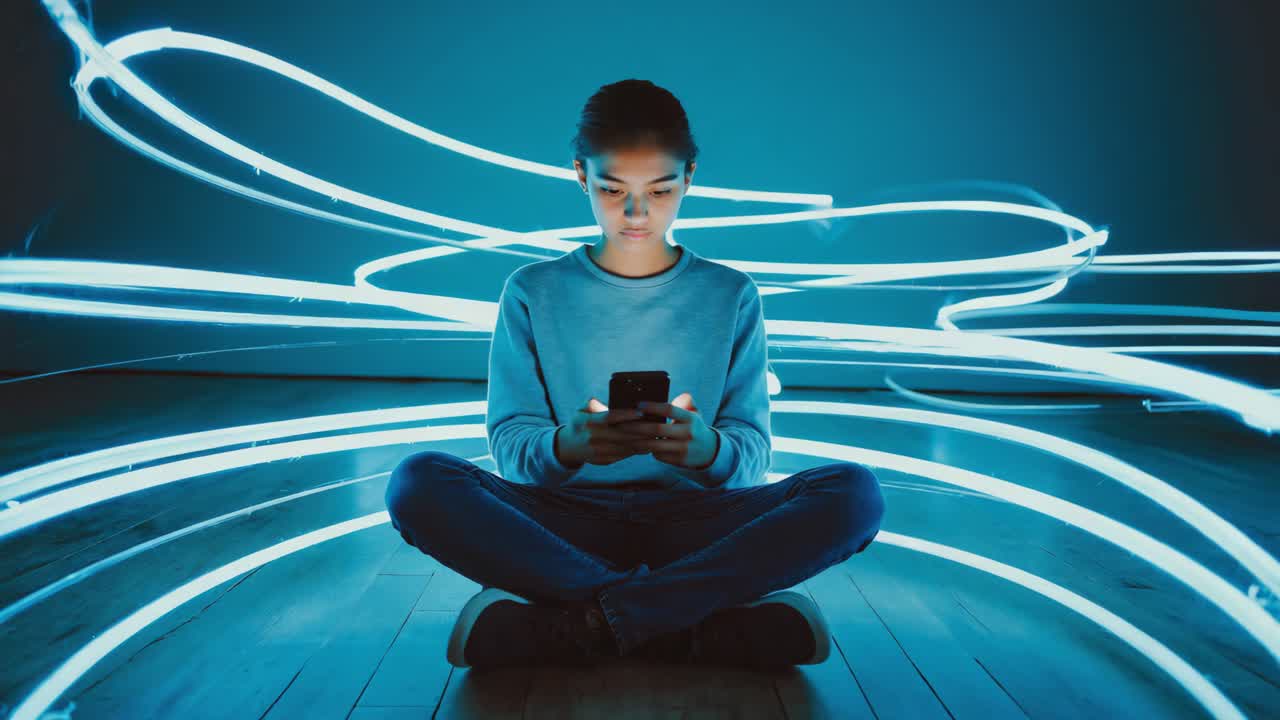 Person using smartphone with glowing blue light trails