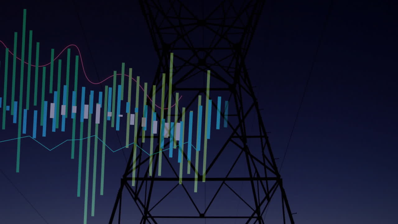 Electric transmission tower silhouette emerging against dusk, displaying data bars and line graphs