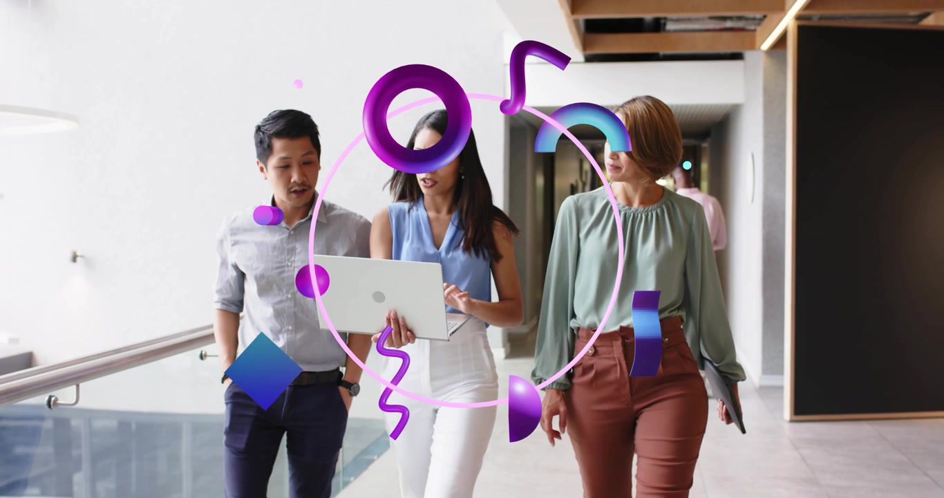 Colleagues walking hallway business data overlay emerging and woman swiping laptop driving dialogue