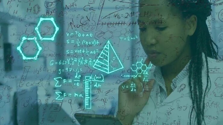 Female scientist tapping tablet and projecting holo science molecules around her while analyzing