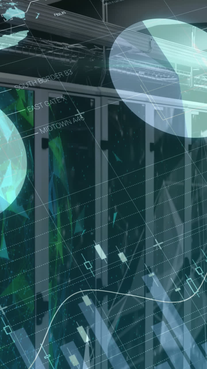 animación del procesamiento de datos y formas sobre la sala del servidor