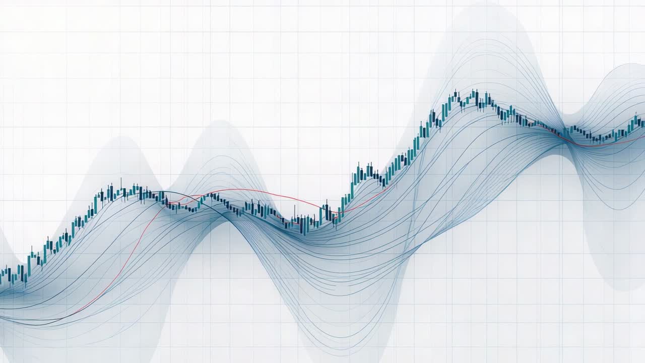 Stigende finansielt diagram bevæger sig hen over et gitter, signalerer gevinst, viser lysestager, blå bølger, rød MA