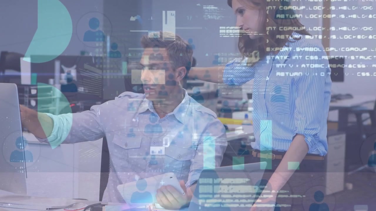 Animation of data processing over business people using statistics