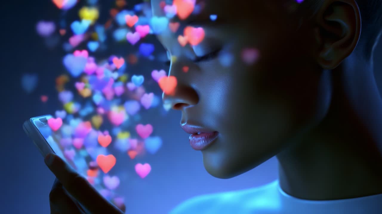 A captivating portrayal of a serene individual gazing at a smartphone screen, where a cascade of colorful heart-shaped particles emanates, evoking emotions of connection and digital romance in a mesmerizing glow