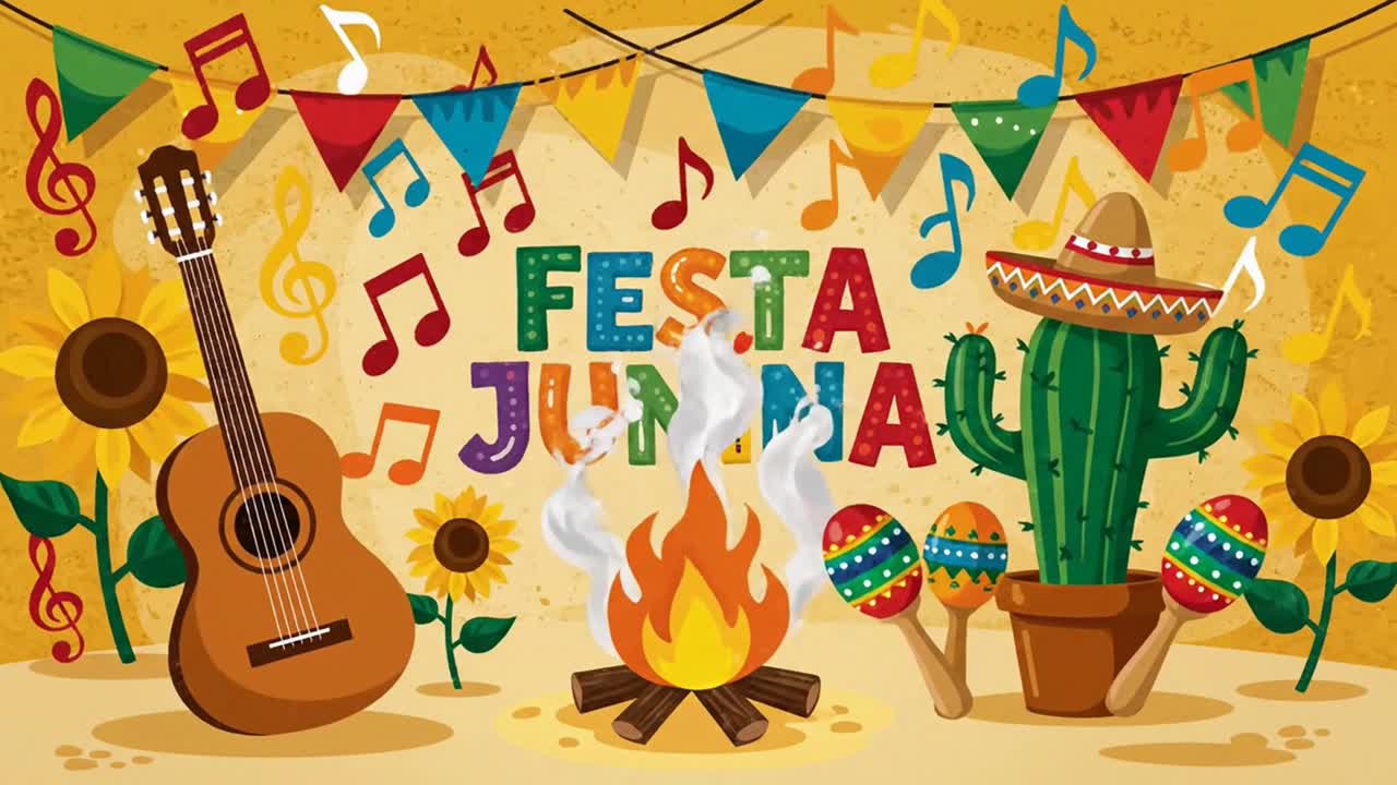 Celebración de Festa Junina con hoguera, guitarra y cactus.