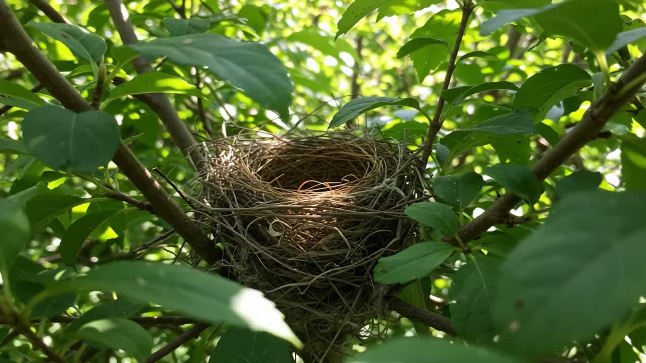 A Serene Bird's Nest Nestled Amidst Lush Green Foliage, Capturing the Tranquility of Nature's Design and the Beauty of Avian Habitats