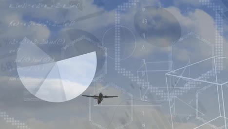 animación del procesamiento de datos sobre el plano, gráficos, fórmulas matemáticas y cielo