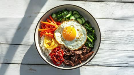 korean bibimbap with fried egg and beef