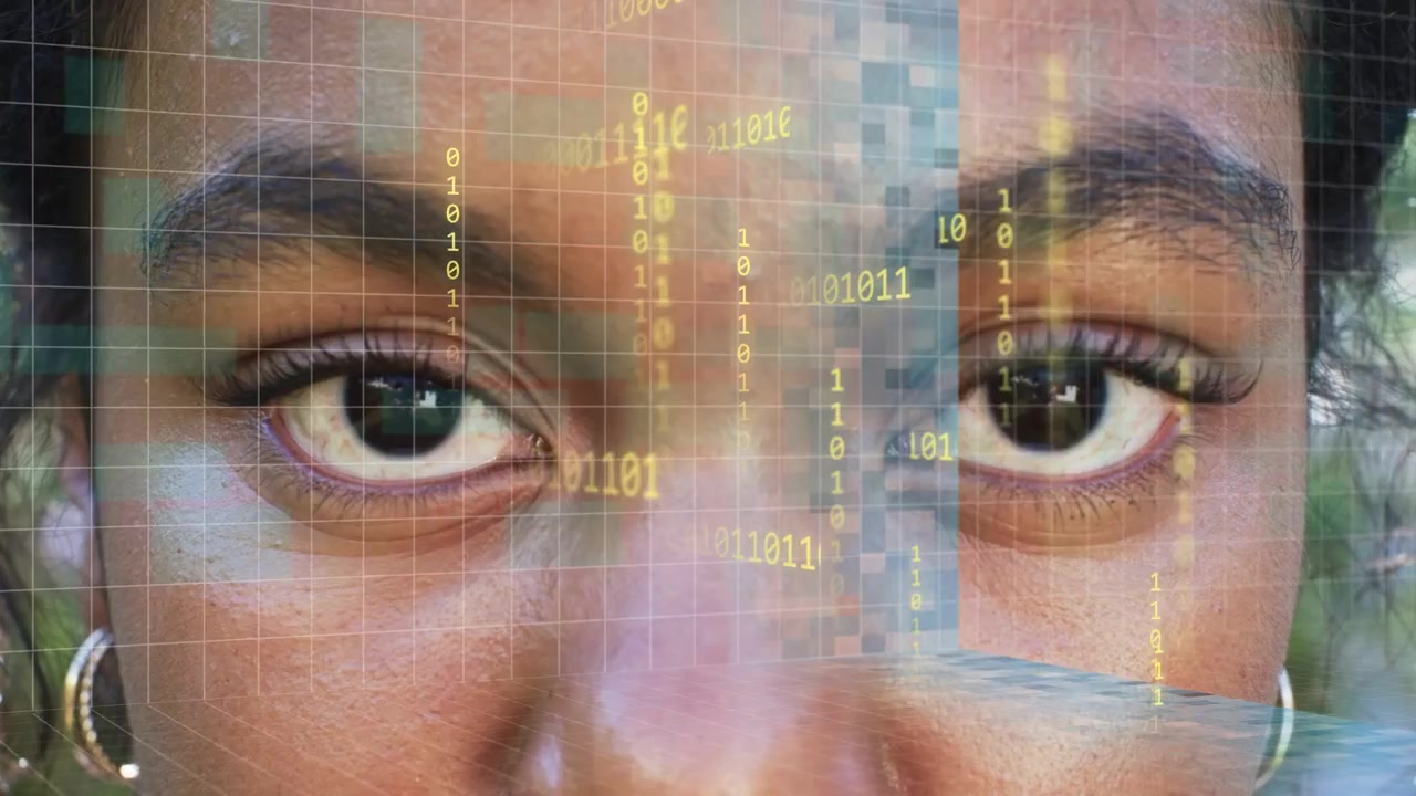 Centered woman opening eyes, pixel bar starting binary rain across face, faint grid, tech scanning