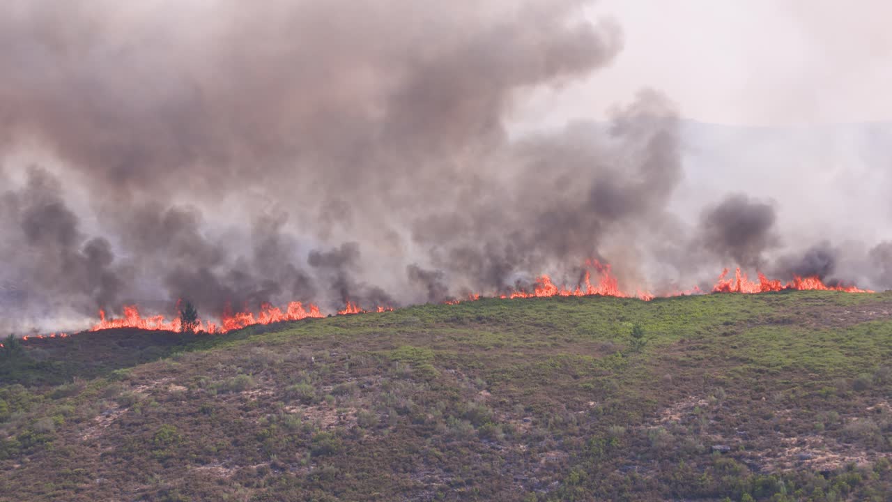 Le fiamme formano un muro di fuoco che avanza attraverso le montagne.