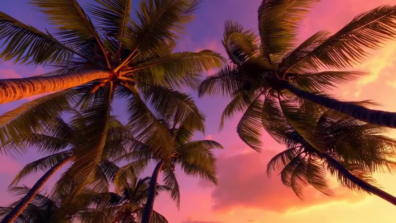 Video z nízkého úhlu s palmami siluetovanými proti zářivé obloze při západu slunce, evokující tropickou atmosféru.