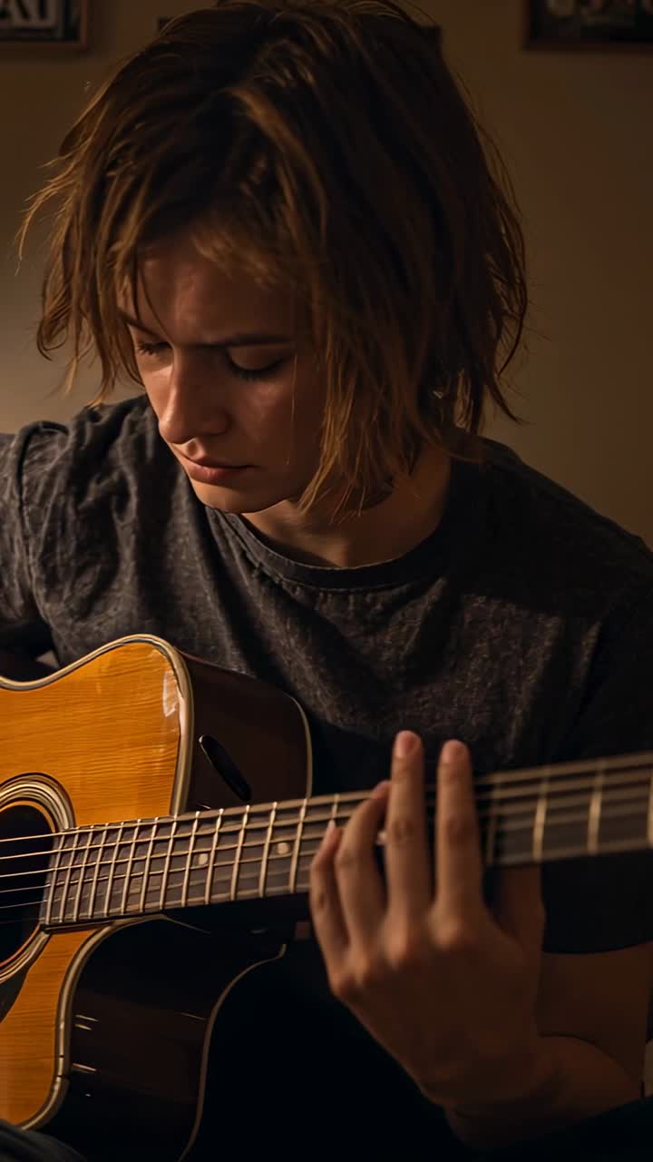 Video verticale: Donna con maglietta grigia che suona la chitarra a casa, prima facendo accordi e poi strimpellando, l'esercitazione che inizia.
