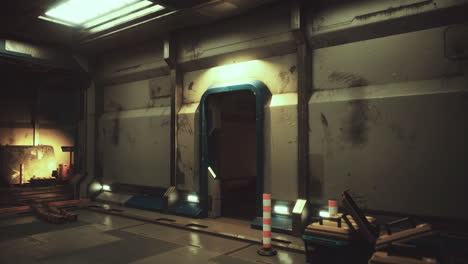 inside a futuristic corridor with glowing panels and industrial design