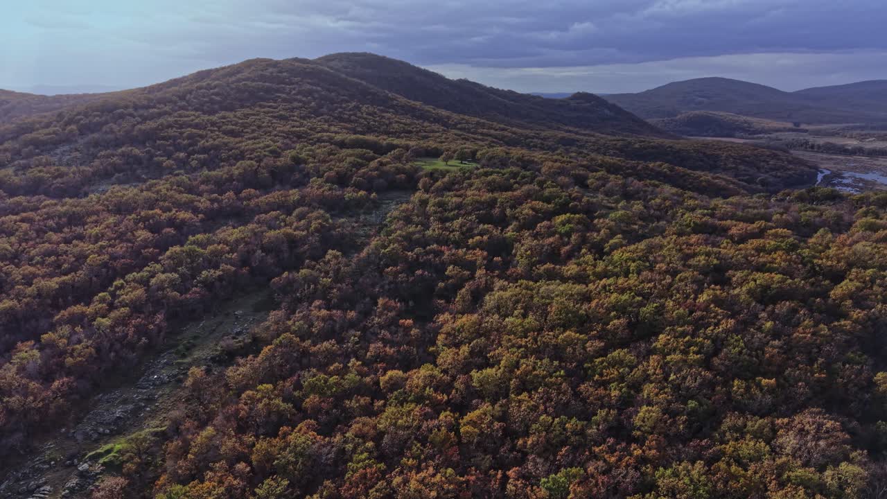 Vibrant autumn foliage covers rolling hills under cloudy skies