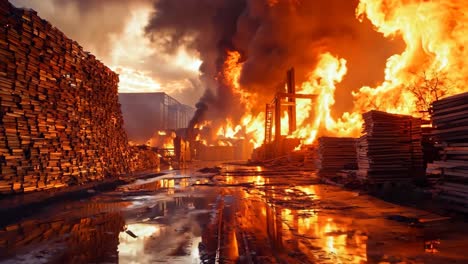 a large pile of wood on fire in a factory