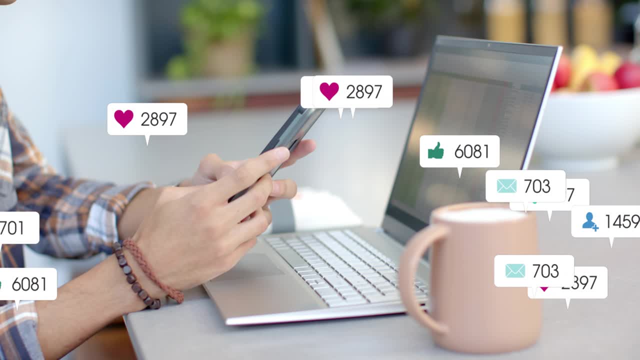 Man tapping smartphone over laptop, creating floating metrics cloud crowding desk for marketing