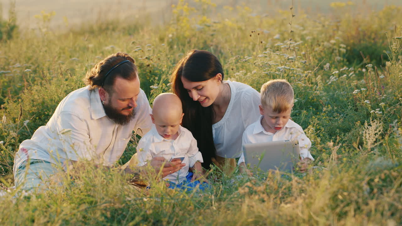 휴가 중에 태블릿과 전화를 가지고 노는 아이들과 함께하는 레크리에이션 및 신기술 가족