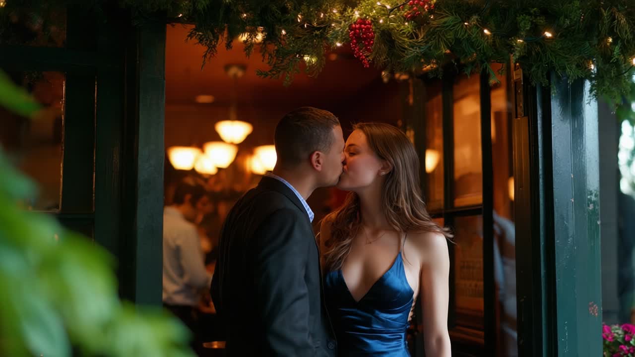 A Romantic Moment: A Couple Sharing a Passionate Kiss Under Festive Decorations, Capturing the Essence of Love and Connection in an Intimate Setting Surrounded by Joy and Celebration