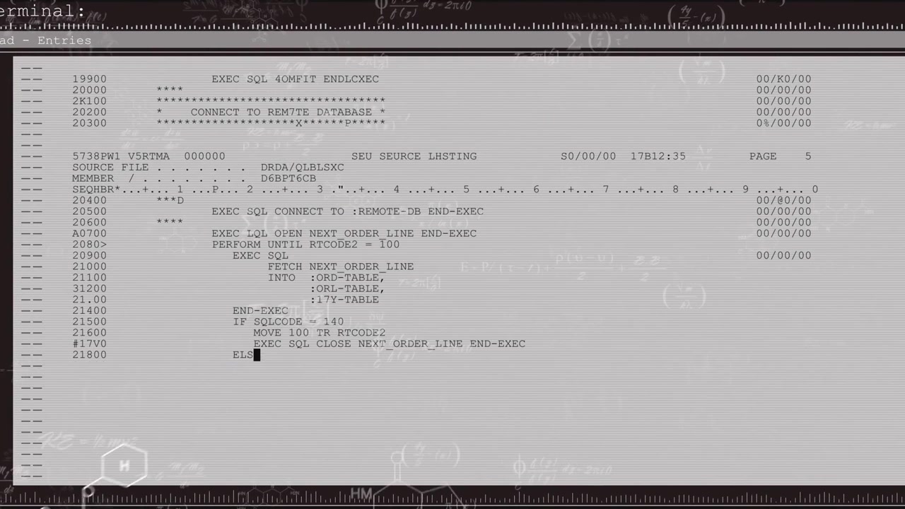 Terminal fading in, code scrolling, cursor moving, chalk overlays drifting, revealing program flow