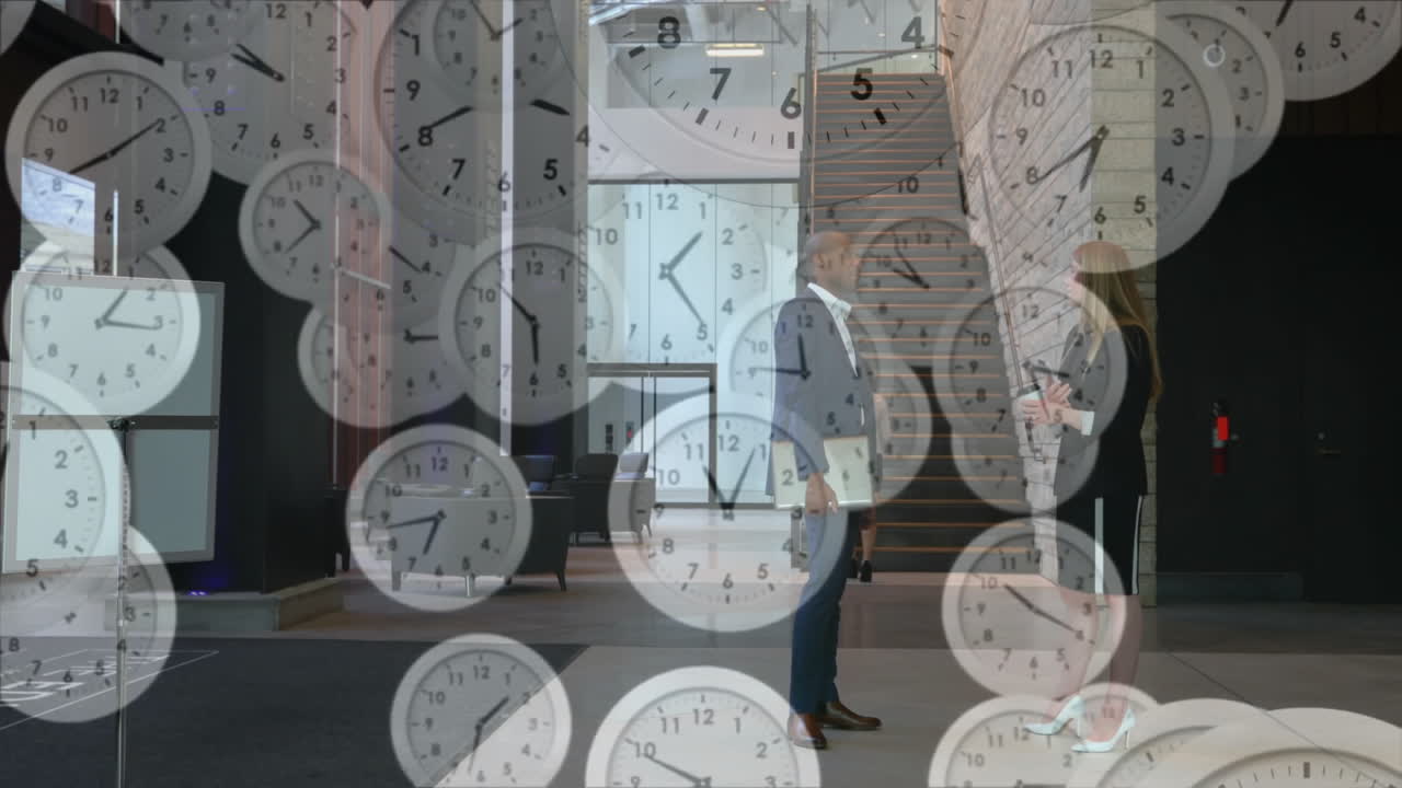 Business people in office with animation of clocks overlaying their conversation