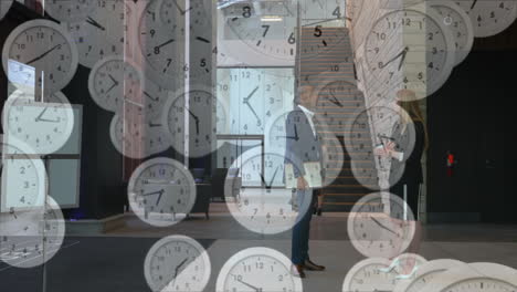 business people in office with animation of clocks overlaying their conversation