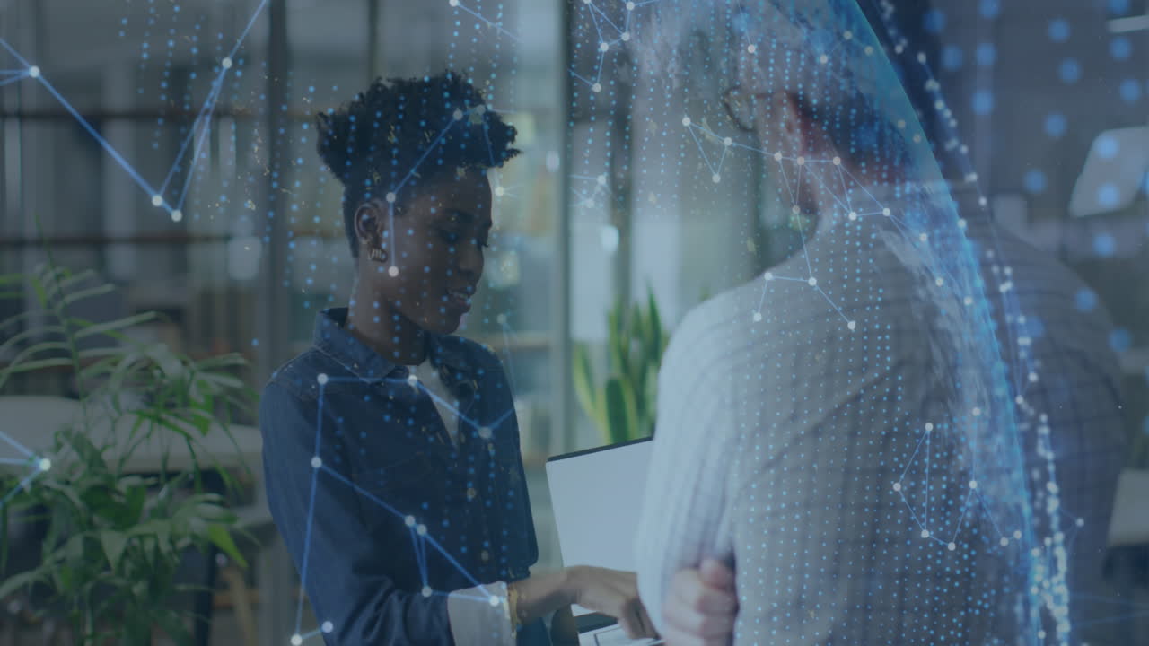 Animation of globe and data processing over diverse business people in office