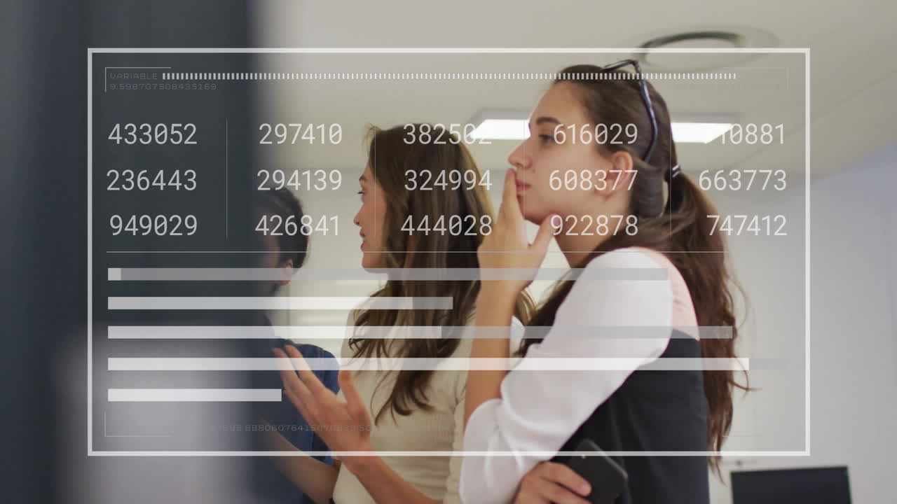 animación de gráficos, cambios de números en diversas compañeras de trabajo analizando informes