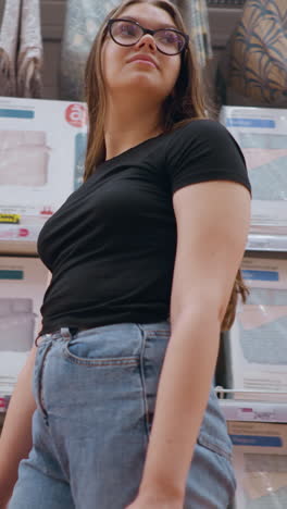 vista superior de una mujer joven comprando en una tienda, caminando por un estante con productos de cama, mira a su alrededor, observando diferentes opciones, pasillo de la tienda lleno de textiles para el hogar, almohadas y juegos de cama