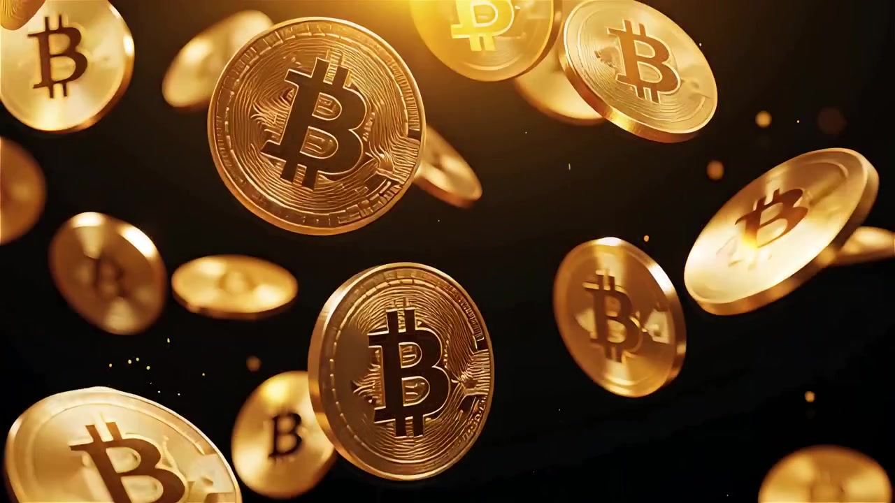 Bitcoin in rotazione su sfondo nero drammatico 4k