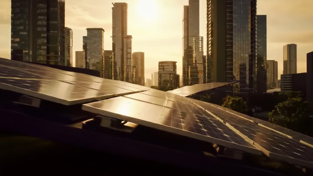 Vista Aérea Deslumbrante de Painéis Solares Refletindo a Luz Dourada do Sol Sobre uma Paisagem Urbana Moderna, Apresentando Soluções de Energia Sustentável em uma Cidade.
