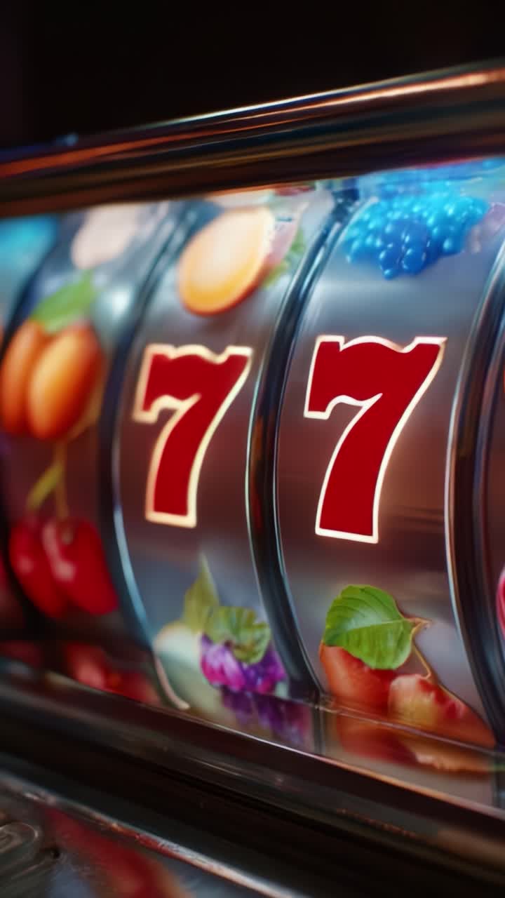 Simboli di frutta vivaci e sette portafortuna dettagliati su uno schermo di una slot machine, che catturano l'emozione del gioco da casinò e il brivido di vincere alla grande
