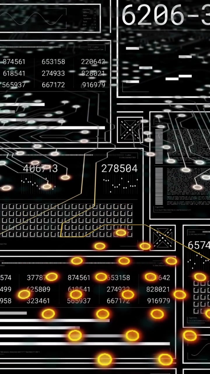 Animazione di numeri che cambiano, barre di caricamento, quadrati e cerchi su un motivo a circuito stampato.