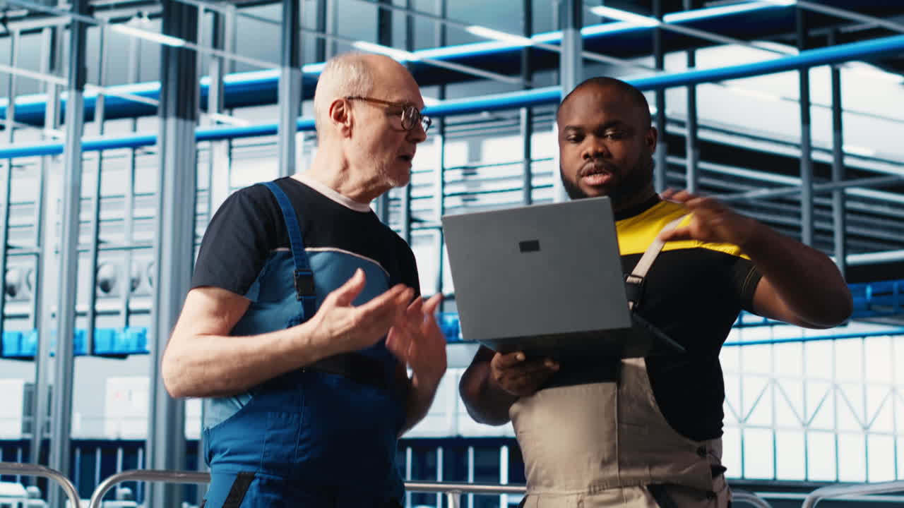 Smart factory senior engineer teaches intern to implement automated workflows